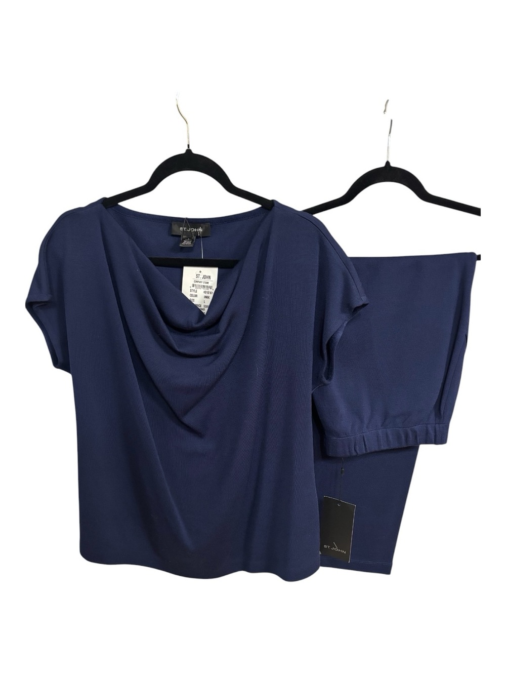 NWT 2 pc St. John Navy Cowl Neck Cap Sleeve Top & Pants Set L/16 (12/14)